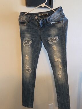 Highway Jeans Women's Blue Skinny Jeans with Distressed Rhinestone Accents